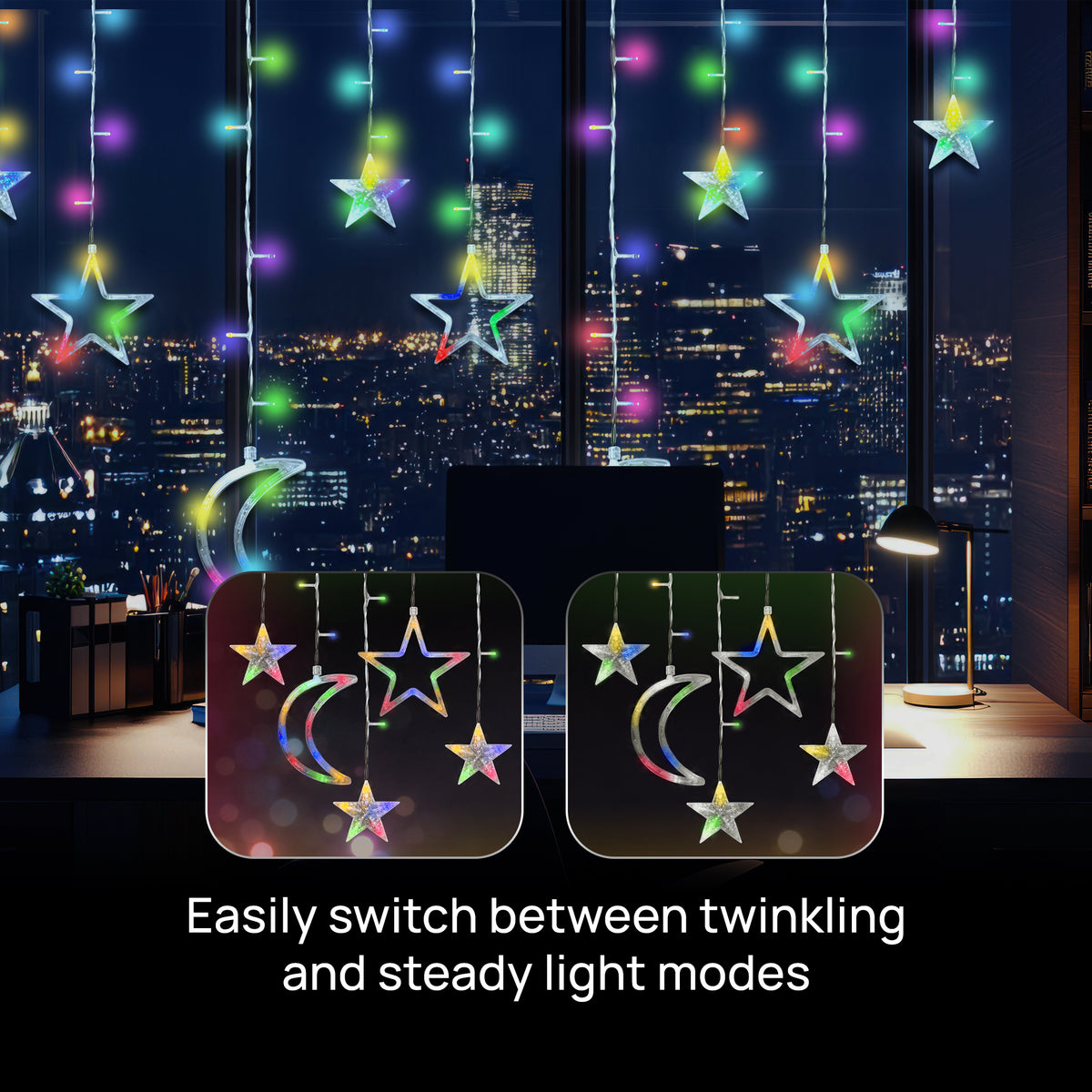 8 ft. Multicolor Moon & Star Curtain Lights, RGB LED Hanging Décor with 3 Crescent Moons, 4 Large Stars, 5 Small Stars & Twinkle Mode