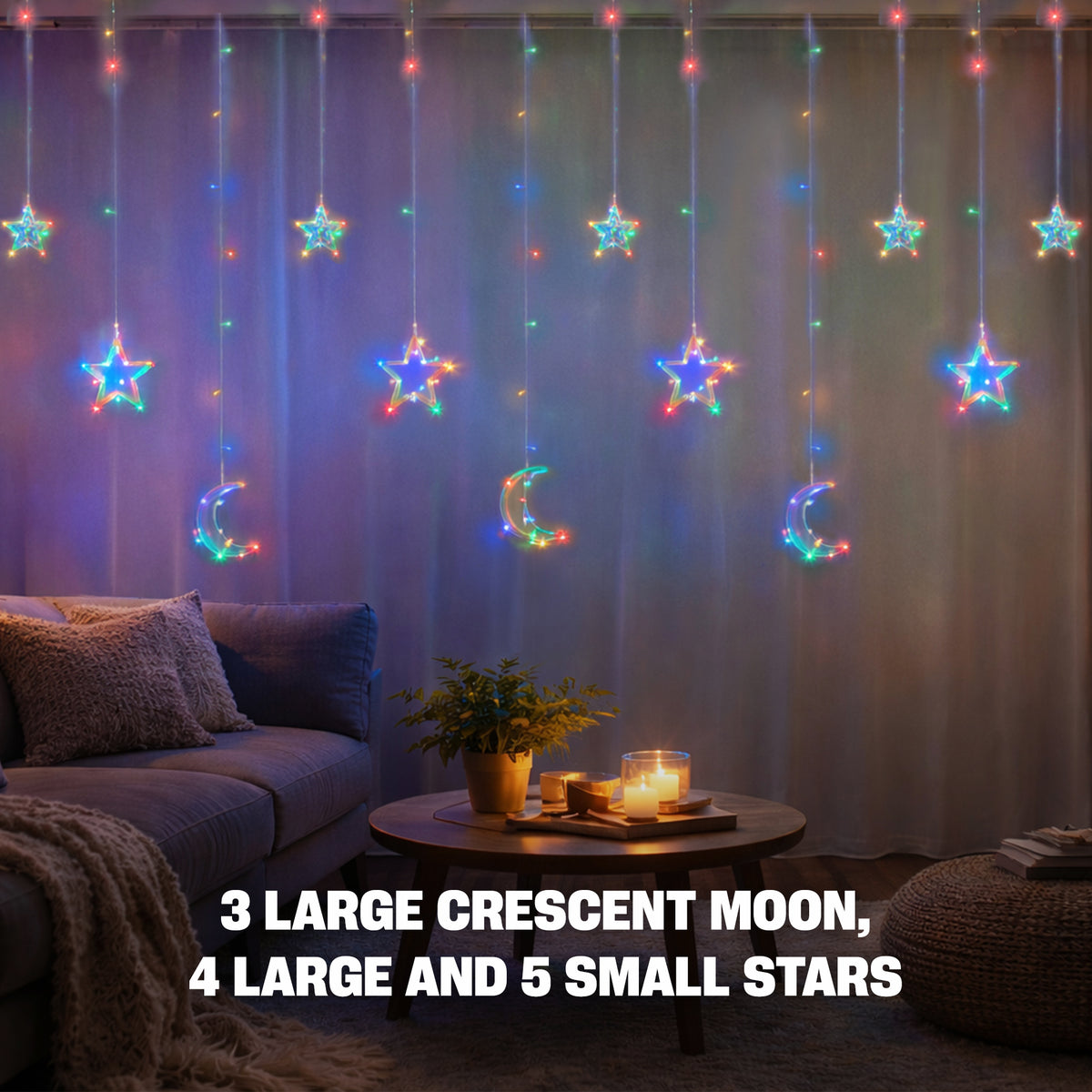 8 ft. Multicolor Moon & Star Curtain Lights, RGB LED Hanging Décor with 3 Crescent Moons, 4 Large Stars, 5 Small Stars & Twinkle Mode