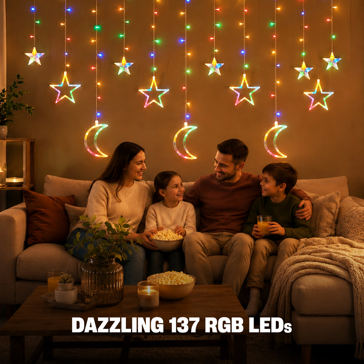 8 ft. Multicolor Moon & Star Curtain Lights, RGB LED Hanging Décor with 3 Crescent Moons, 4 Large Stars, 5 Small Stars & Twinkle Mode