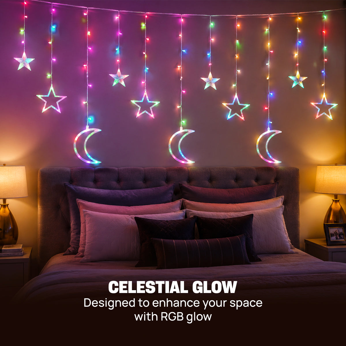 8 ft. Multicolor Moon & Star Curtain Lights, RGB LED Hanging Décor with 3 Crescent Moons, 4 Large Stars, 5 Small Stars & Twinkle Mode