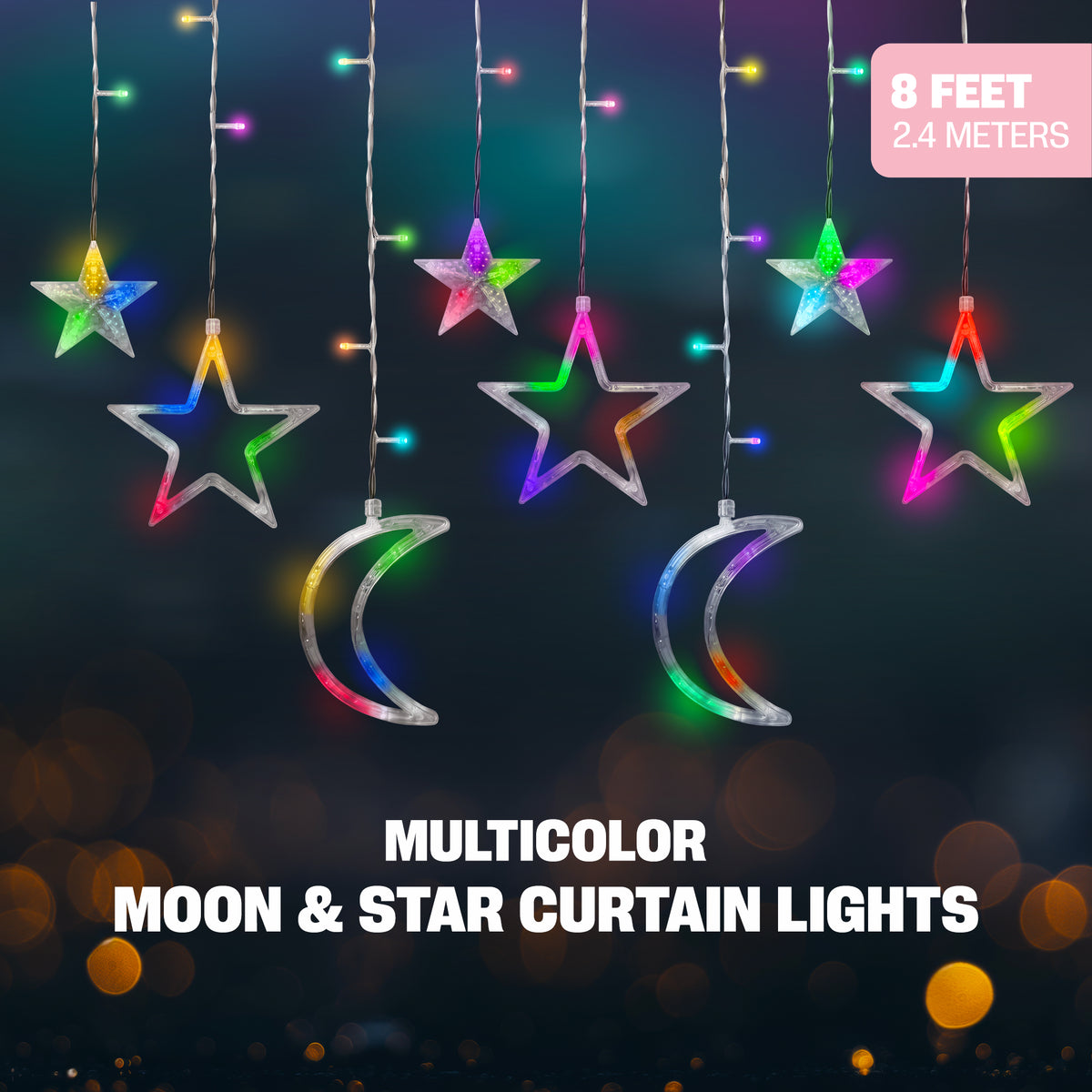 8 ft. Multicolor Moon & Star Curtain Lights, RGB LED Hanging Décor with 3 Crescent Moons, 4 Large Stars, 5 Small Stars & Twinkle Mode