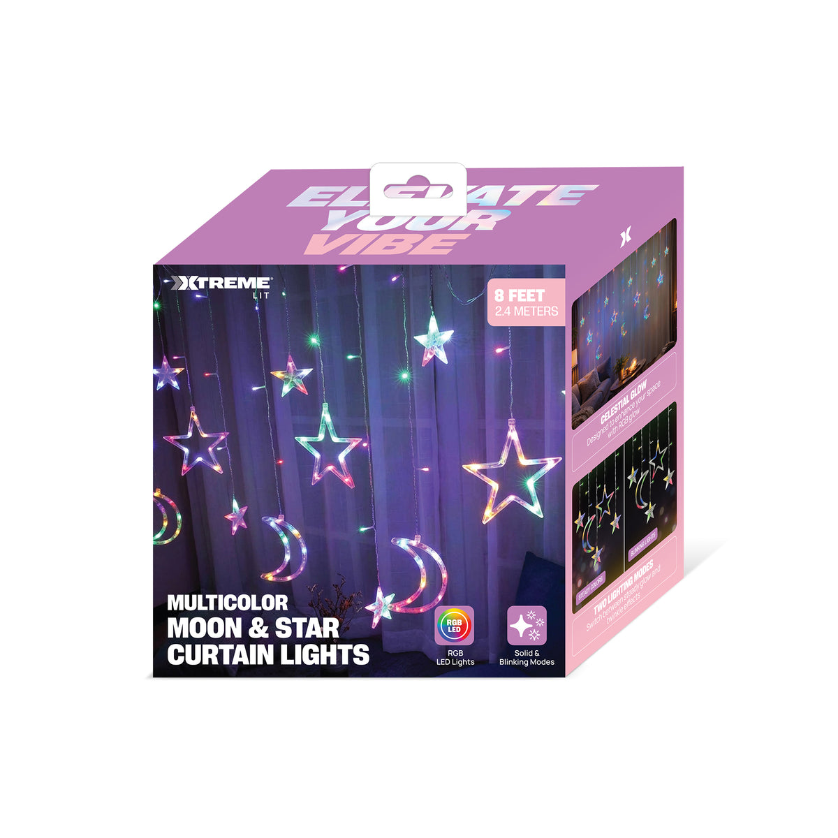8 ft. Multicolor Moon & Star Curtain Lights, RGB LED Hanging Décor with 3 Crescent Moons, 4 Large Stars, 5 Small Stars & Twinkle Mode