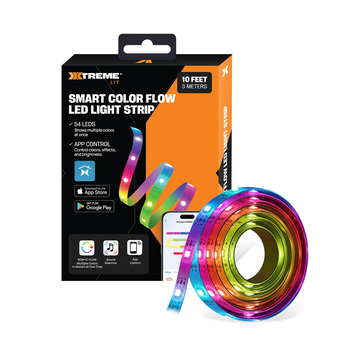 Smart Color Flow LED Light Strip, 10 ft. RGB+IC App-Controlled Music-Sync Accent Lighting