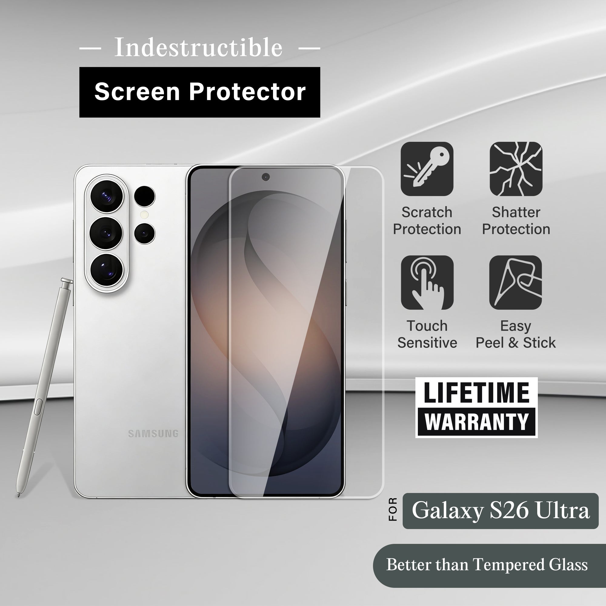 Indestructible Screen Protector for Samsung Galaxy S25 Ultra, Shatterproof & Scratch Resistant Glass Film Guard, Touch Sensitive Easy Peel & Stick