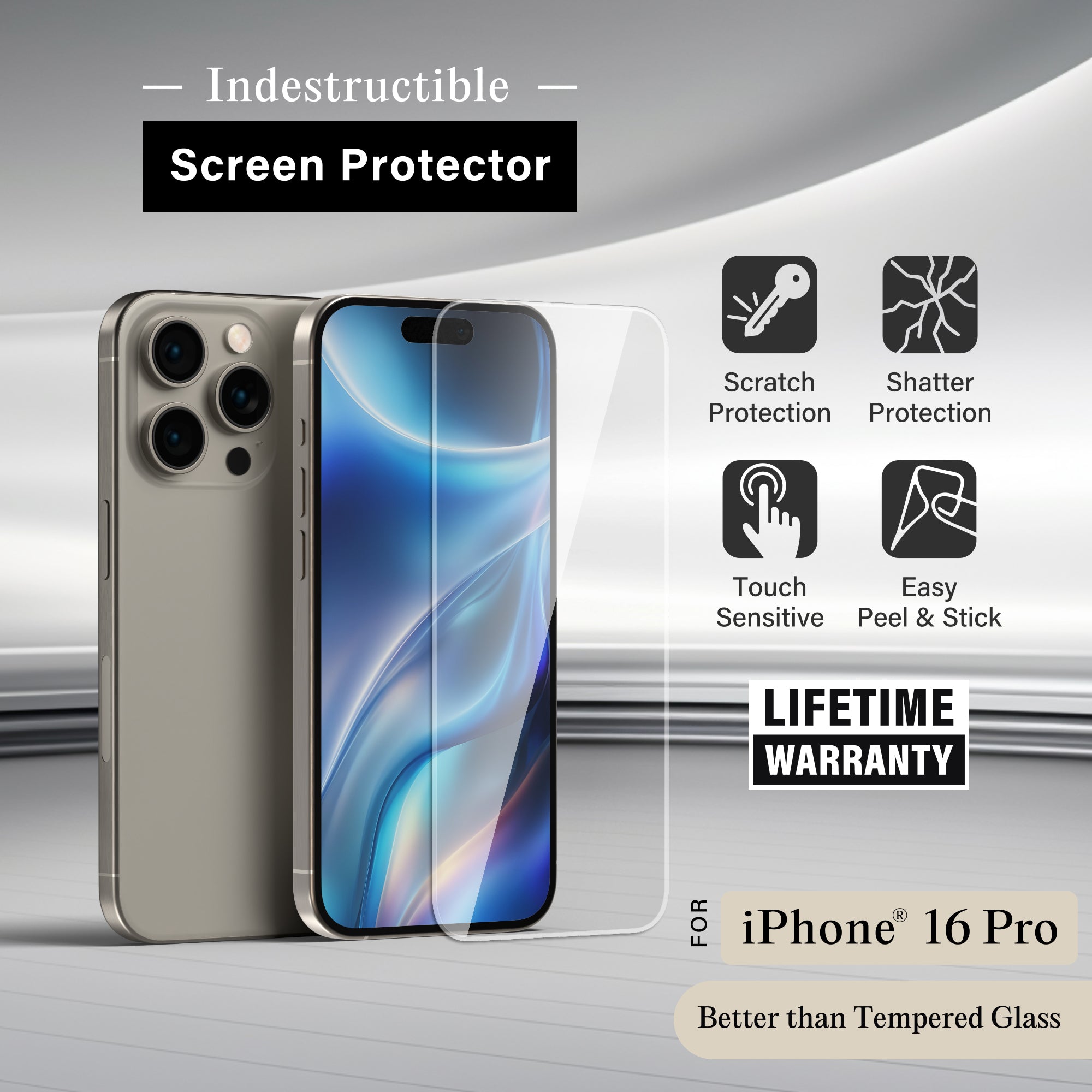 Premium Indestructible Screen Protector for iPhone 16 Pro, Shatterproof & Scratch Resistant Glass Film, Touch Sensitive Easy Peel & Stick Installation