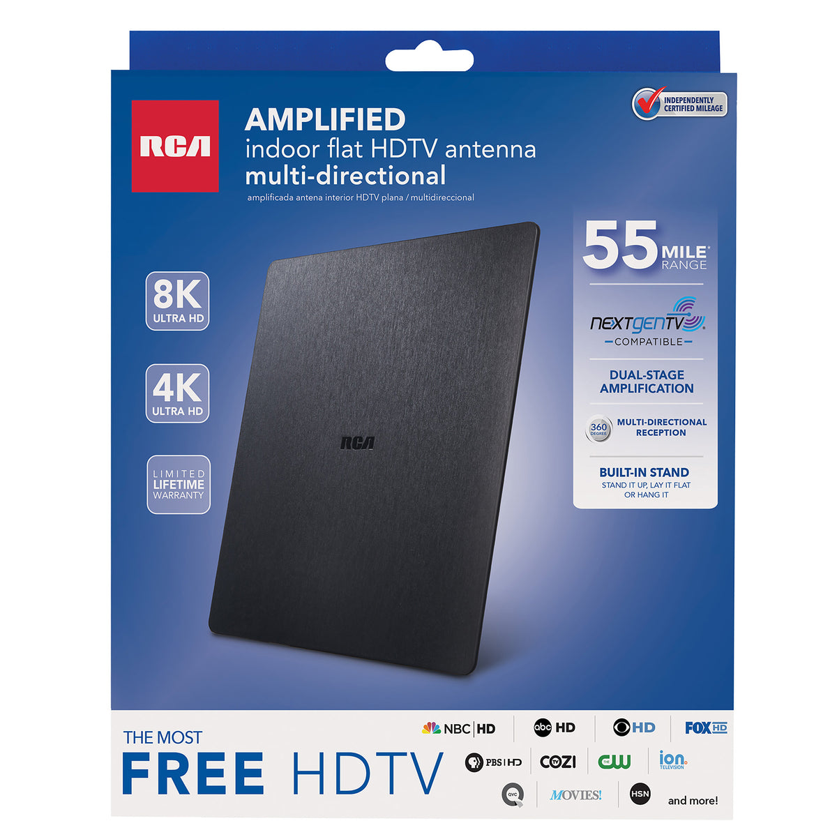 RCA Amplified Indoor HDTV Antenna, 50-Mile Range, Multi-Directional UHF/VHF Reception, Flat Design for 4K & 1080p TV