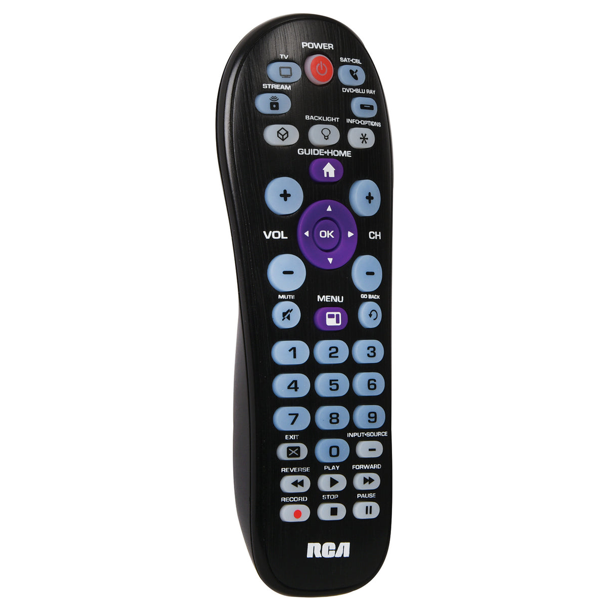 RCA 4-Device Universal Remote Control for TV, Streaming Player, Cable/Satellite & DVD/Blu-ray, Large Guide/Home Button, Black