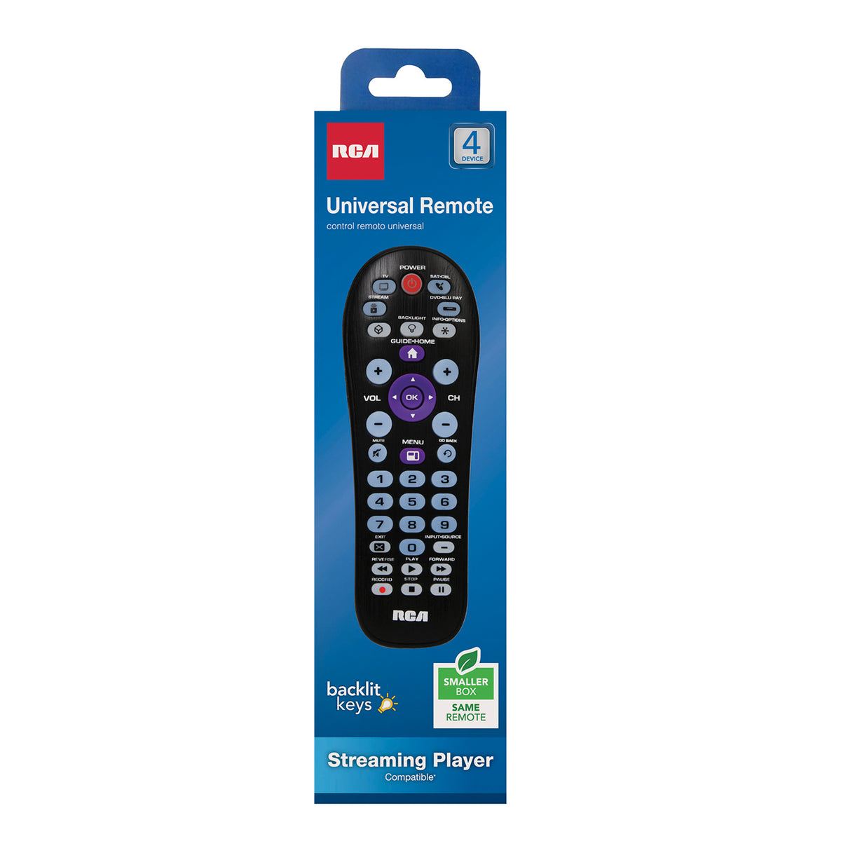 RCA 4-Device Universal Remote Control for TV, Streaming Player, Cable/Satellite & DVD/Blu-ray, Large Guide/Home Button, Black