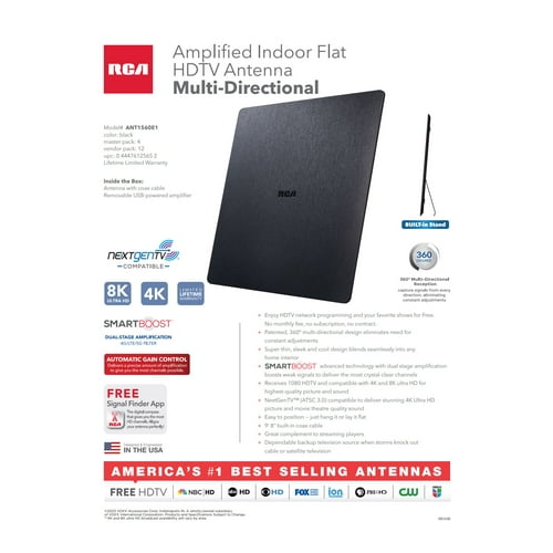 RCA Amplified Indoor HDTV Antenna, 50-Mile Range, Multi-Directional UHF/VHF Reception, Flat Design for 4K & 1080p TV