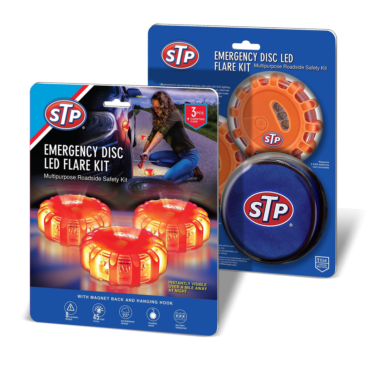 STP Emergency Auto LED Road Flare Discs, 8 Flash Modes/2 Mounting Options, 1 Mile Signal Viability