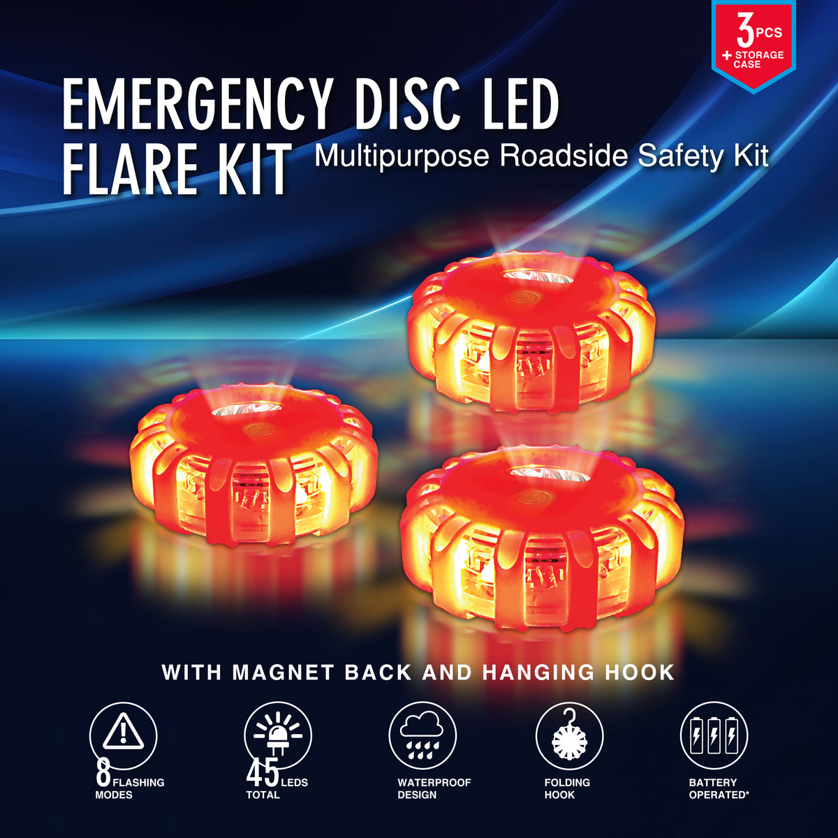 STP Emergency Auto LED Road Flare Discs, 8 Flash Modes/2 Mounting Options, 1 Mile Signal Viability