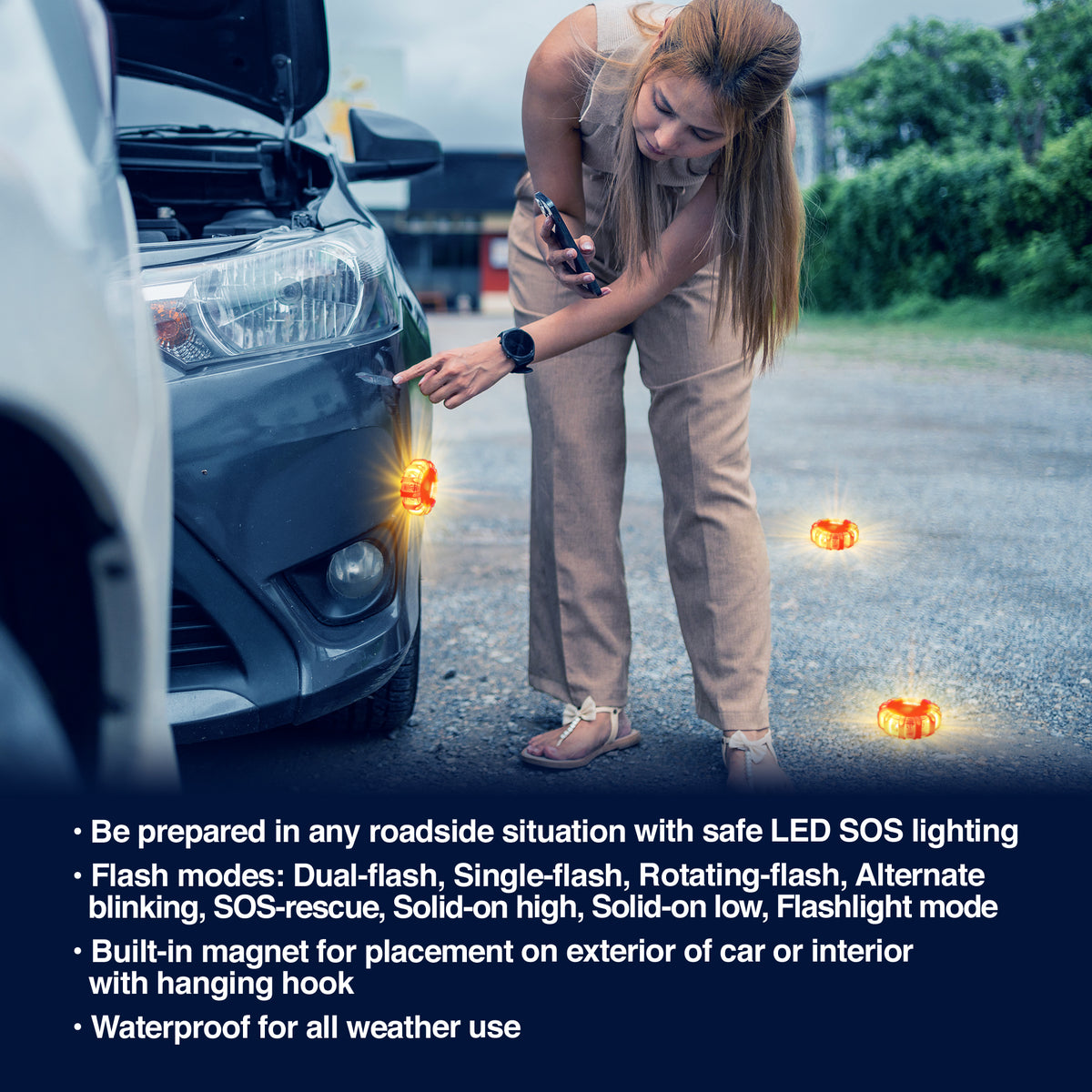 STP Emergency Auto LED Road Flare Discs, 8 Flash Modes/2 Mounting Options, 1 Mile Signal Viability