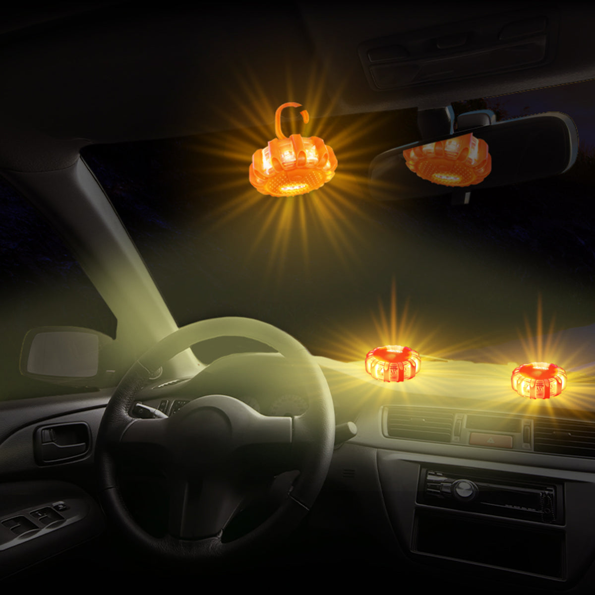 STP Emergency Auto LED Road Flare Discs, 8 Flash Modes/2 Mounting Options, 1 Mile Signal Viability
