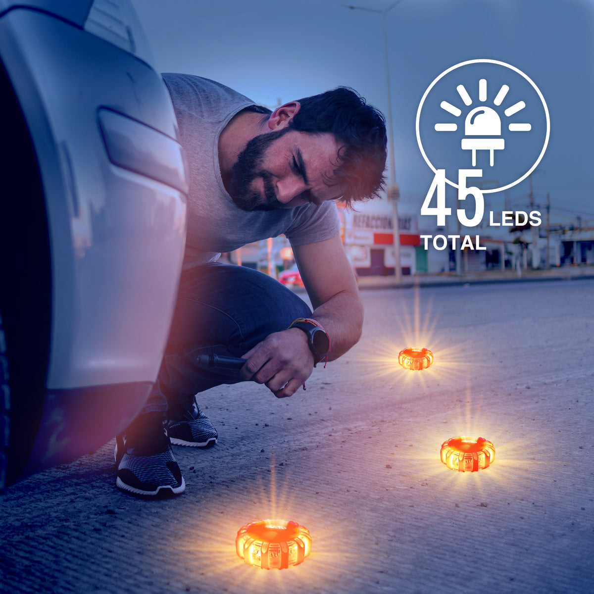 STP Emergency Auto LED Road Flare Discs, 8 Flash Modes/2 Mounting Options, 1 Mile Signal Viability