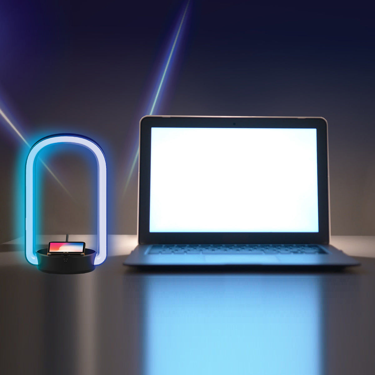 HALO RGB Multicolor LED Lamp with Remote, Headphone Holder, and 5W Wireless Charger, Desk Accessories for Gaming and Home Office