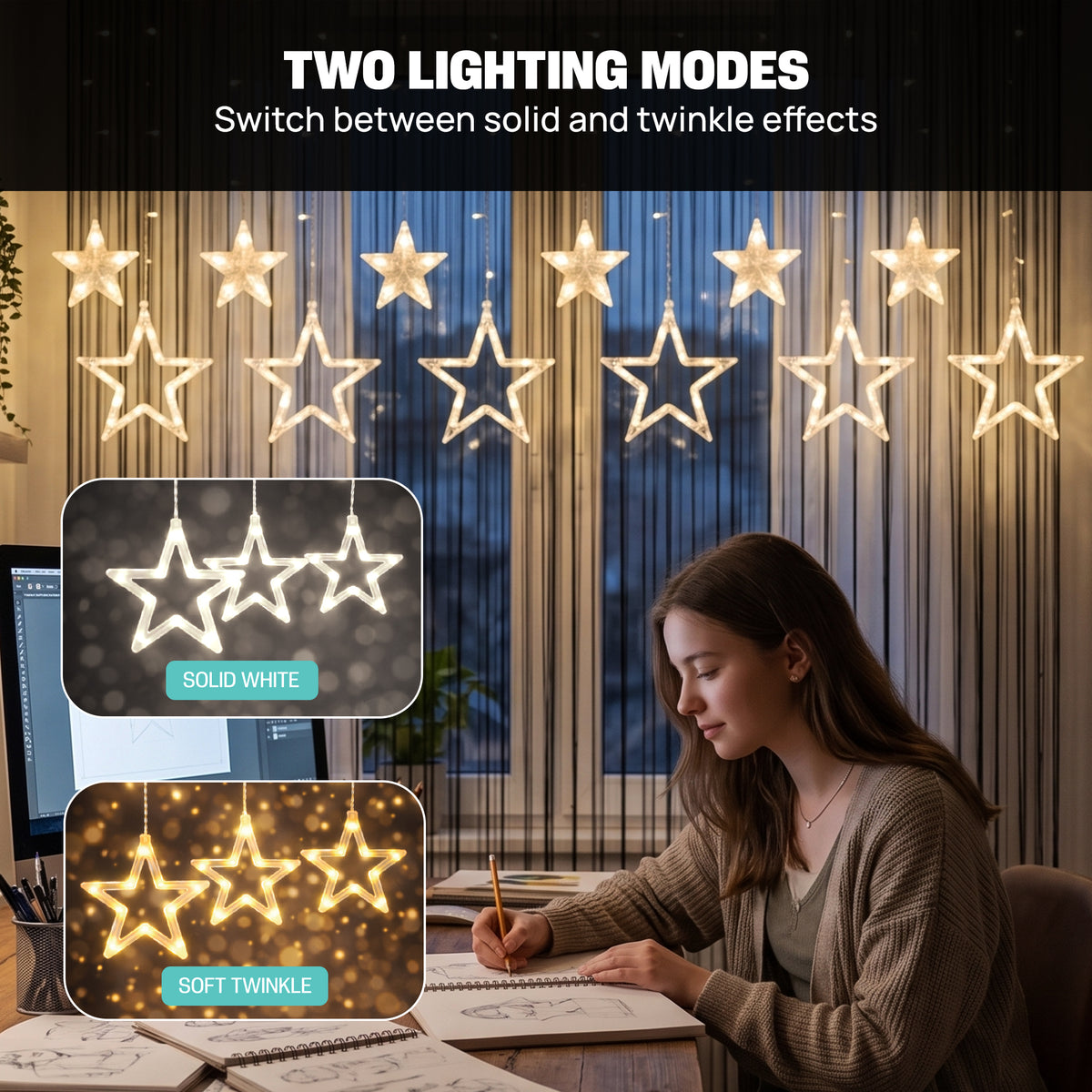 8 ft. Twinkle Star Curtain Lights, 138 Warm White LEDs with 6 Large & 6 Small Hanging Stars, Solid and Twinkle Modes