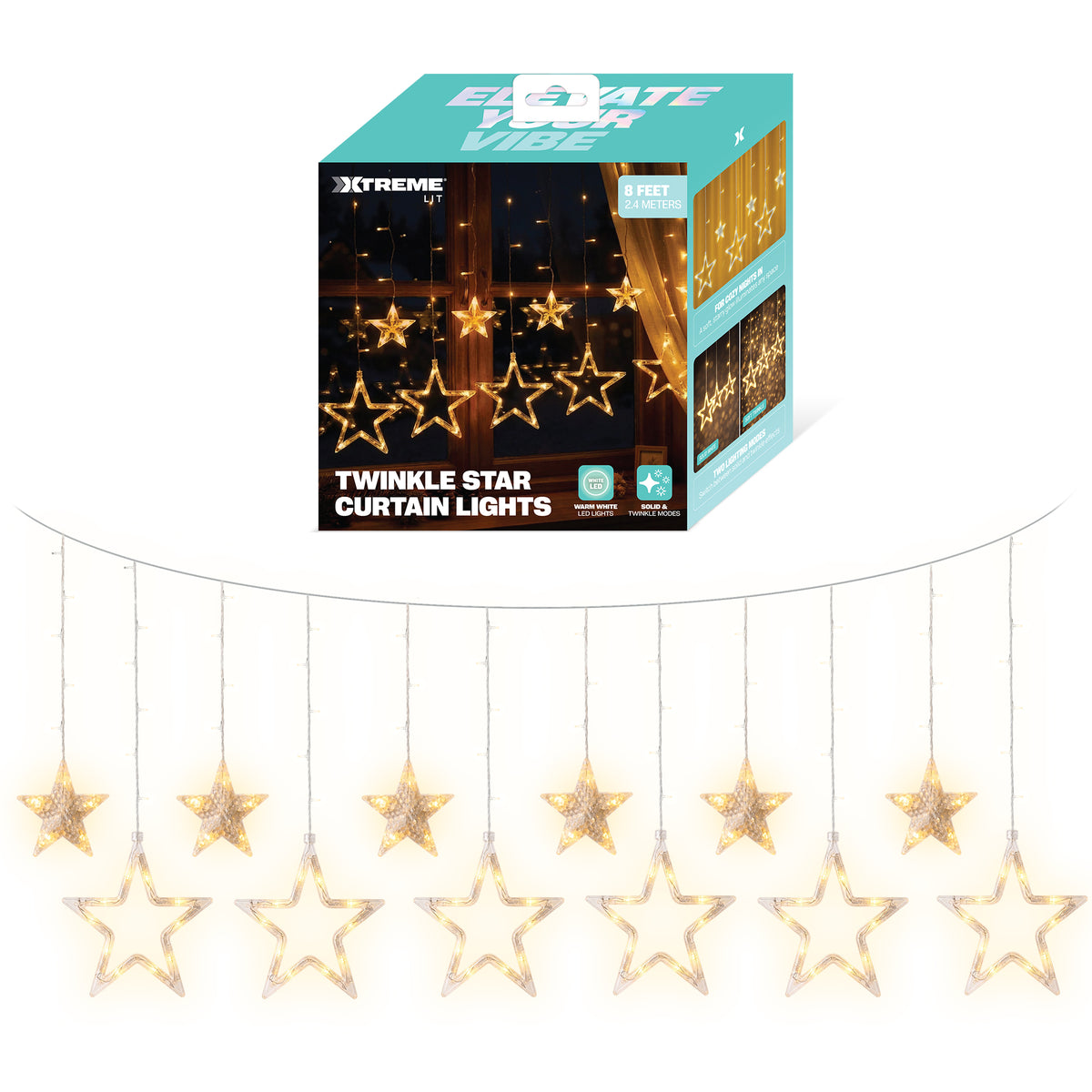 8 ft. Twinkle Star Curtain Lights, 138 Warm White LEDs with 6 Large & 6 Small Hanging Stars, Solid and Twinkle Modes