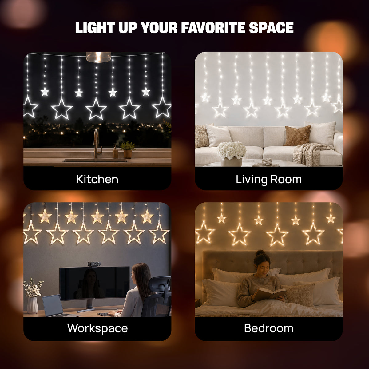 8 ft. Twinkle Star Curtain Lights, 138 Warm White LEDs with 6 Large & 6 Small Hanging Stars, Solid and Twinkle Modes