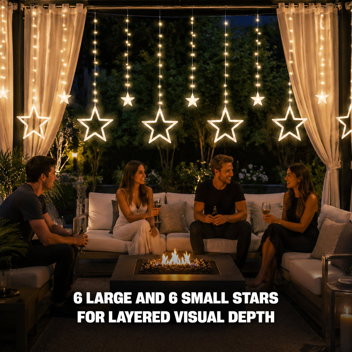 8 ft. Twinkle Star Curtain Lights, 138 Warm White LEDs with 6 Large & 6 Small Hanging Stars, Solid and Twinkle Modes