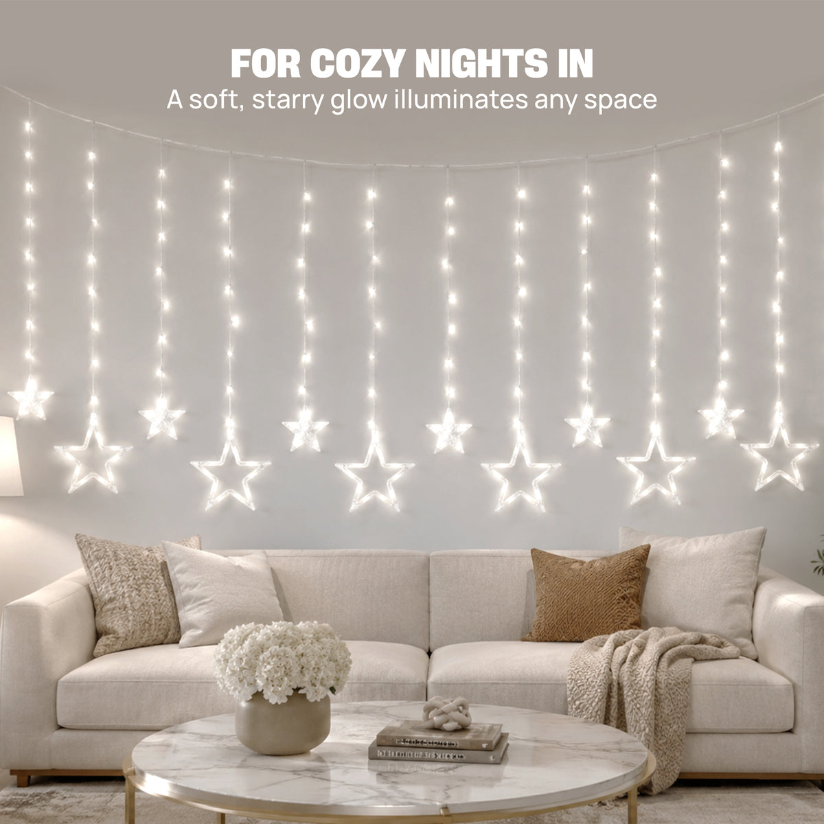 8 ft. Twinkle Star Curtain Lights, 138 Warm White LEDs with 6 Large & 6 Small Hanging Stars, Solid and Twinkle Modes