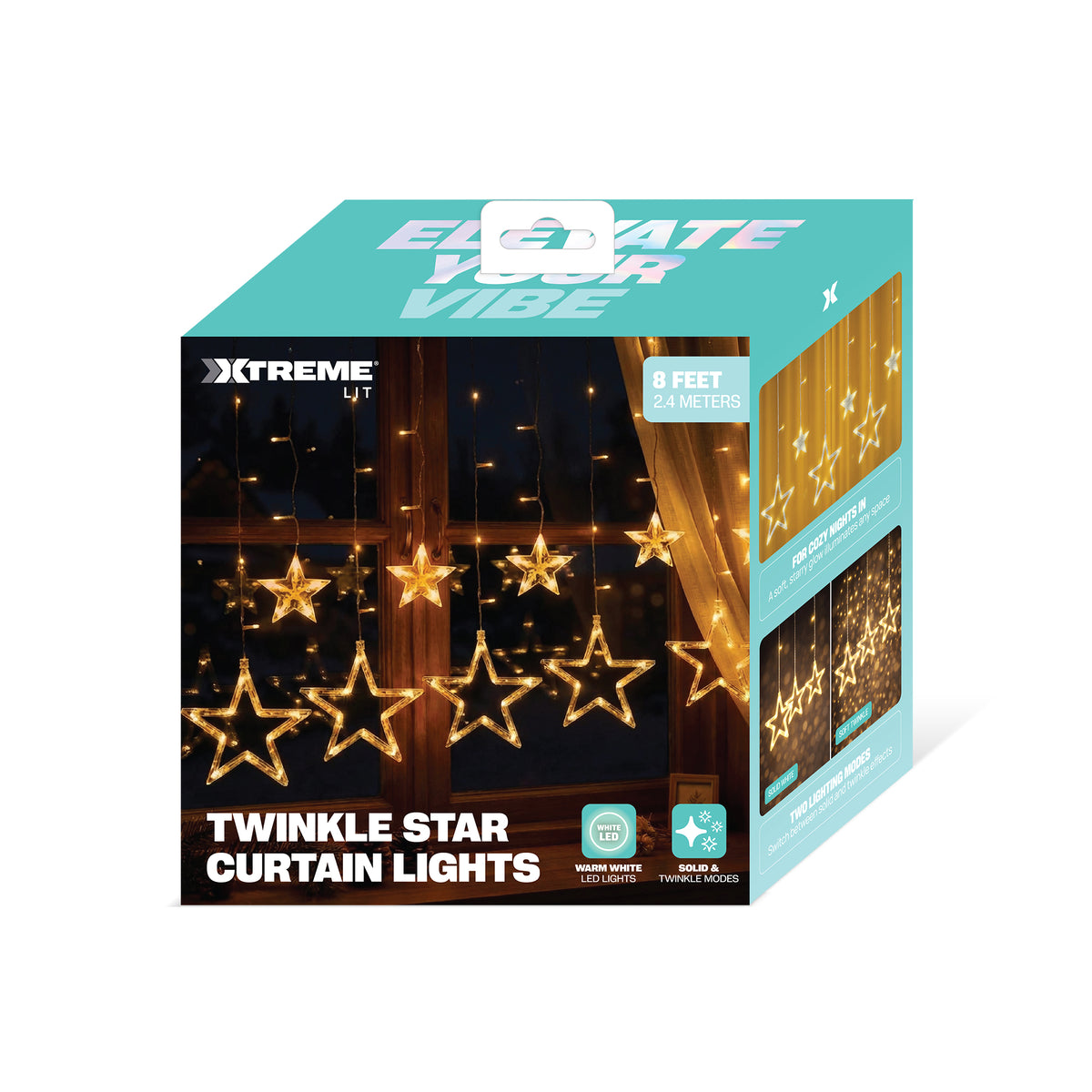 8 ft. Twinkle Star Curtain Lights, 138 Warm White LEDs with 6 Large & 6 Small Hanging Stars, Solid and Twinkle Modes
