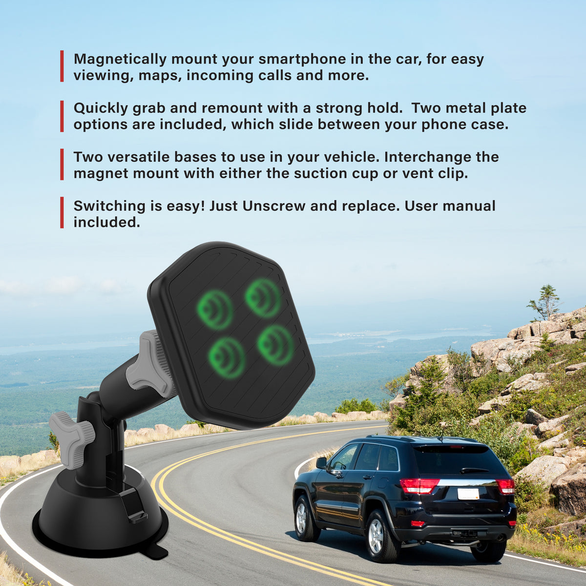 Magnetic Phone Mount for Car, MagSafe Car Mount for iPhone, Dashboard or Air Vent Phone Holder, Strong Suction Cup, Universal Smartphone Car Mount