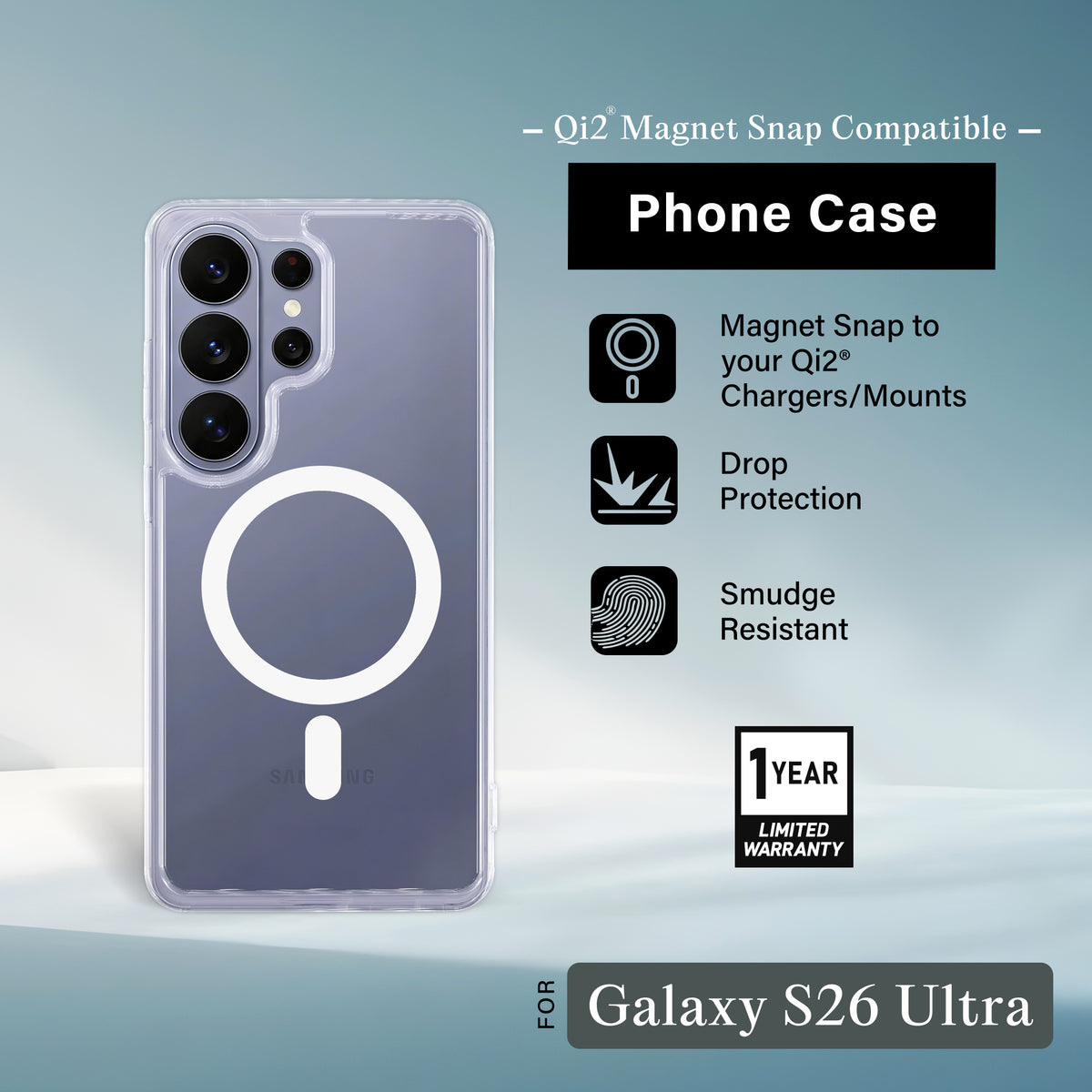 Samsung Galaxy S26 Ultra Protective Phone Case, Shock-Absorbing Slim Cover with Raised Screen & Camera Edges, Clear