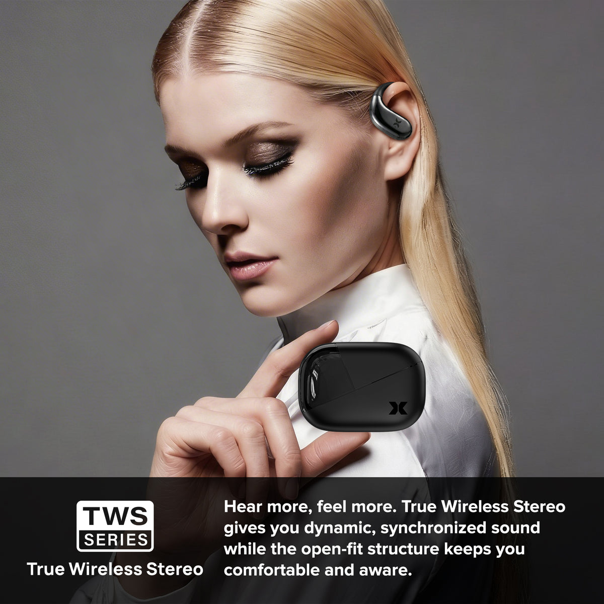 Sound Stryd Open-Ear True Wireless Bluetooth Earbuds with Charging Case, Touch Controls & 6-Hour Playtime, Black