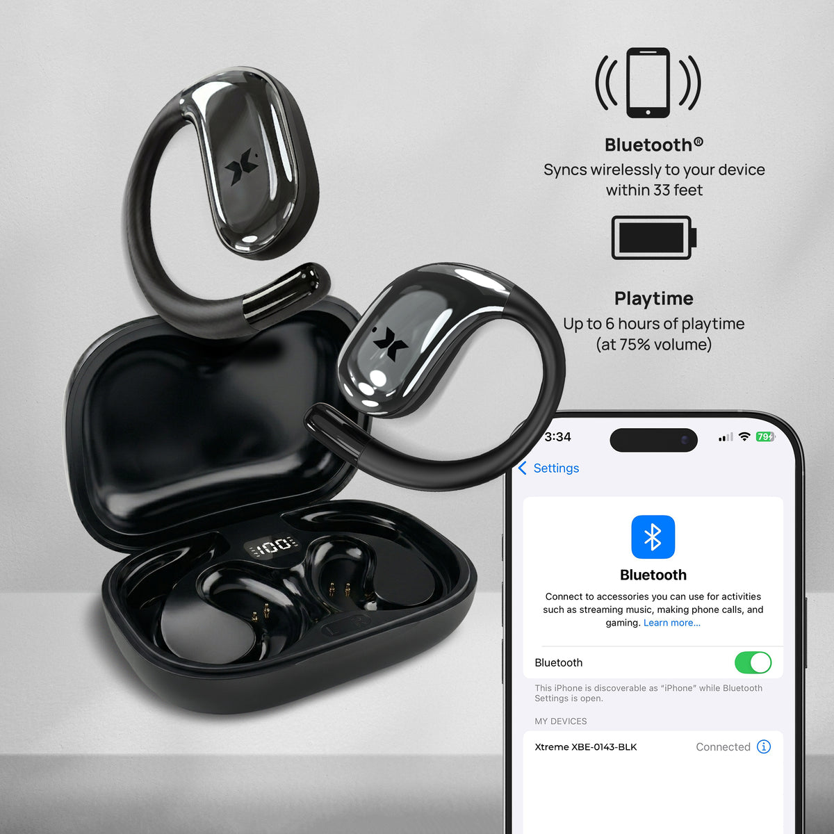 Sound Stryd Open-Ear True Wireless Bluetooth Earbuds with Charging Case, Touch Controls & 6-Hour Playtime, Black
