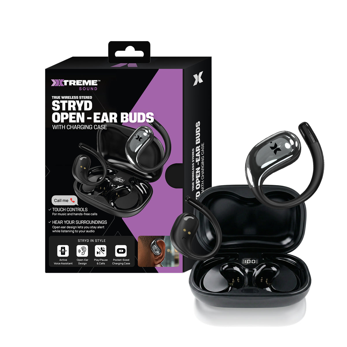 Sound Stryd Open-Ear True Wireless Bluetooth Earbuds with Charging Case, Touch Controls & 6-Hour Playtime, Black
