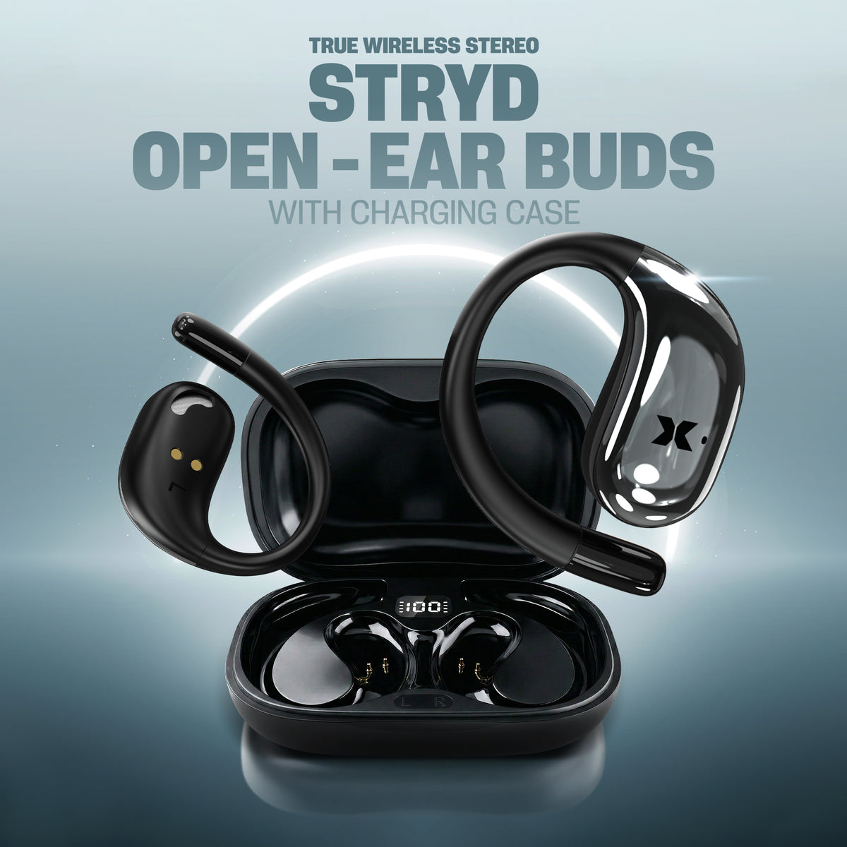 Sound Stryd Open-Ear True Wireless Bluetooth Earbuds with Charging Case, Touch Controls & 6-Hour Playtime, Black