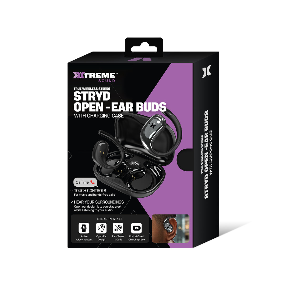 Sound Stryd Open-Ear True Wireless Bluetooth Earbuds with Charging Case, Touch Controls & 6-Hour Playtime, Black