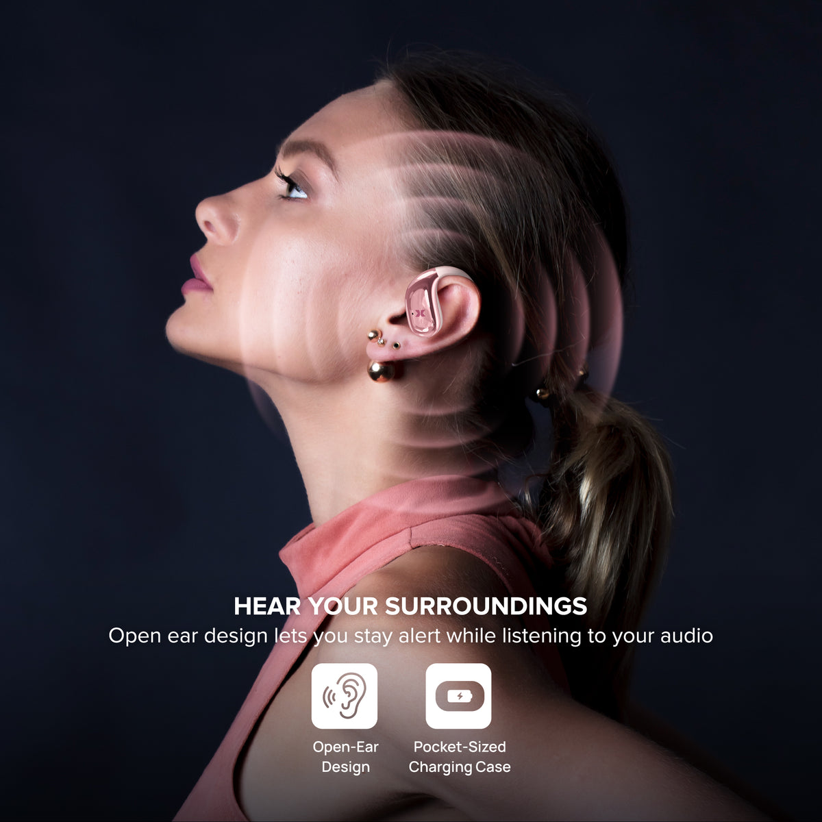 Sound Stryd Open-Ear True Wireless Bluetooth Earbuds with Charging Case, Touch Controls & 6-Hour Playtime, Rose Gold