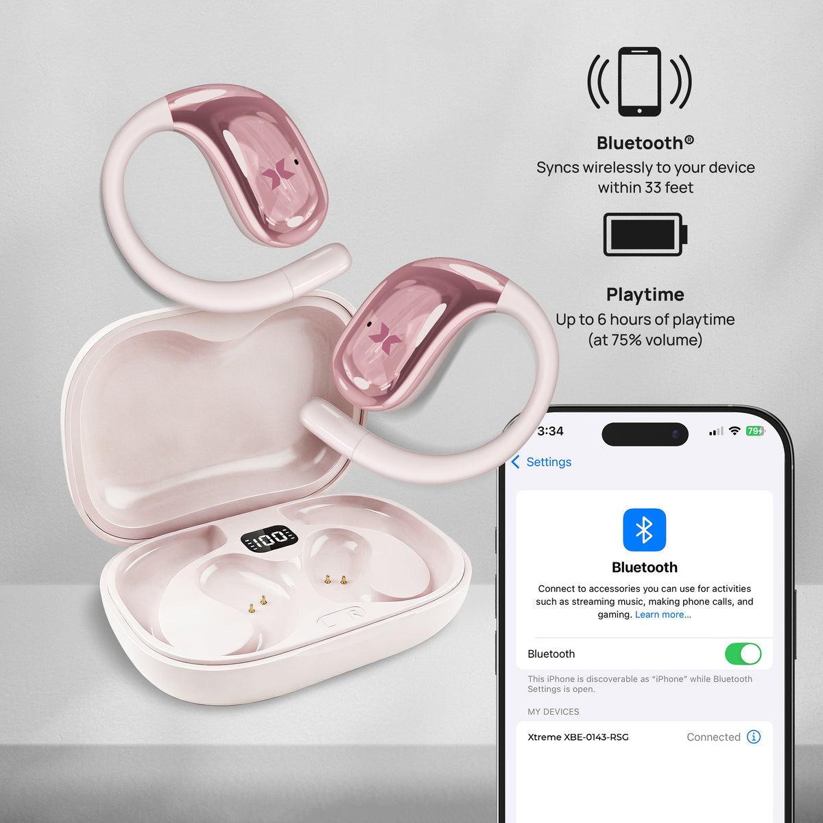 Sound Stryd Open-Ear True Wireless Bluetooth Earbuds with Charging Case, Touch Controls & 6-Hour Playtime, Rose Gold