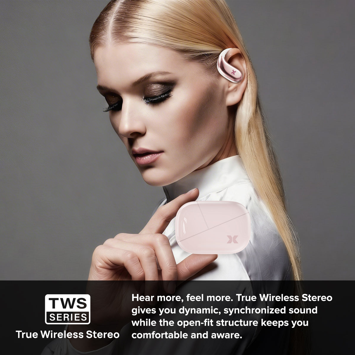 Sound Stryd Open-Ear True Wireless Bluetooth Earbuds with Charging Case, Touch Controls & 6-Hour Playtime, Rose Gold