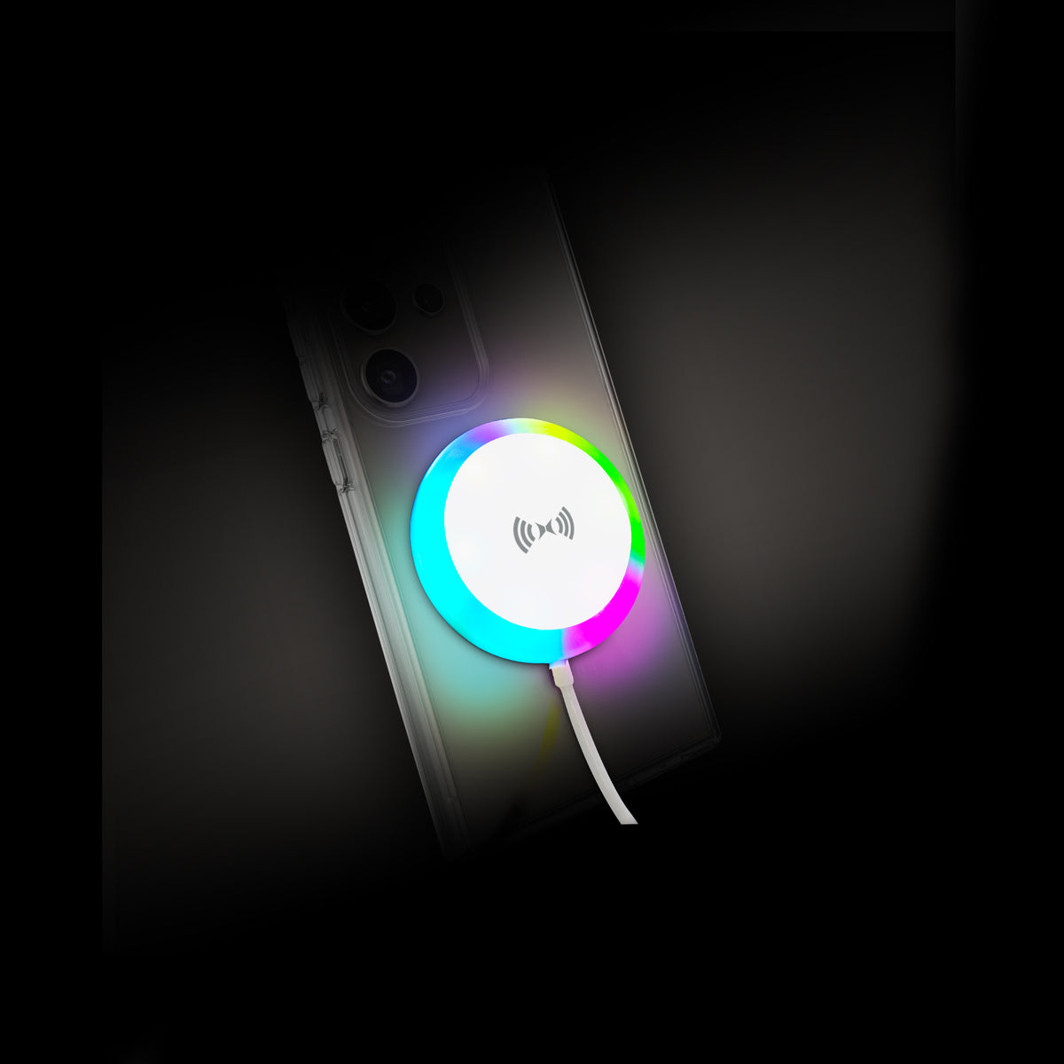 Magnetic Wireless Charging Pad, 15W Fast-Charge White USB-C Cable with Multicolor Flowing LED Light, 3.2 ft.