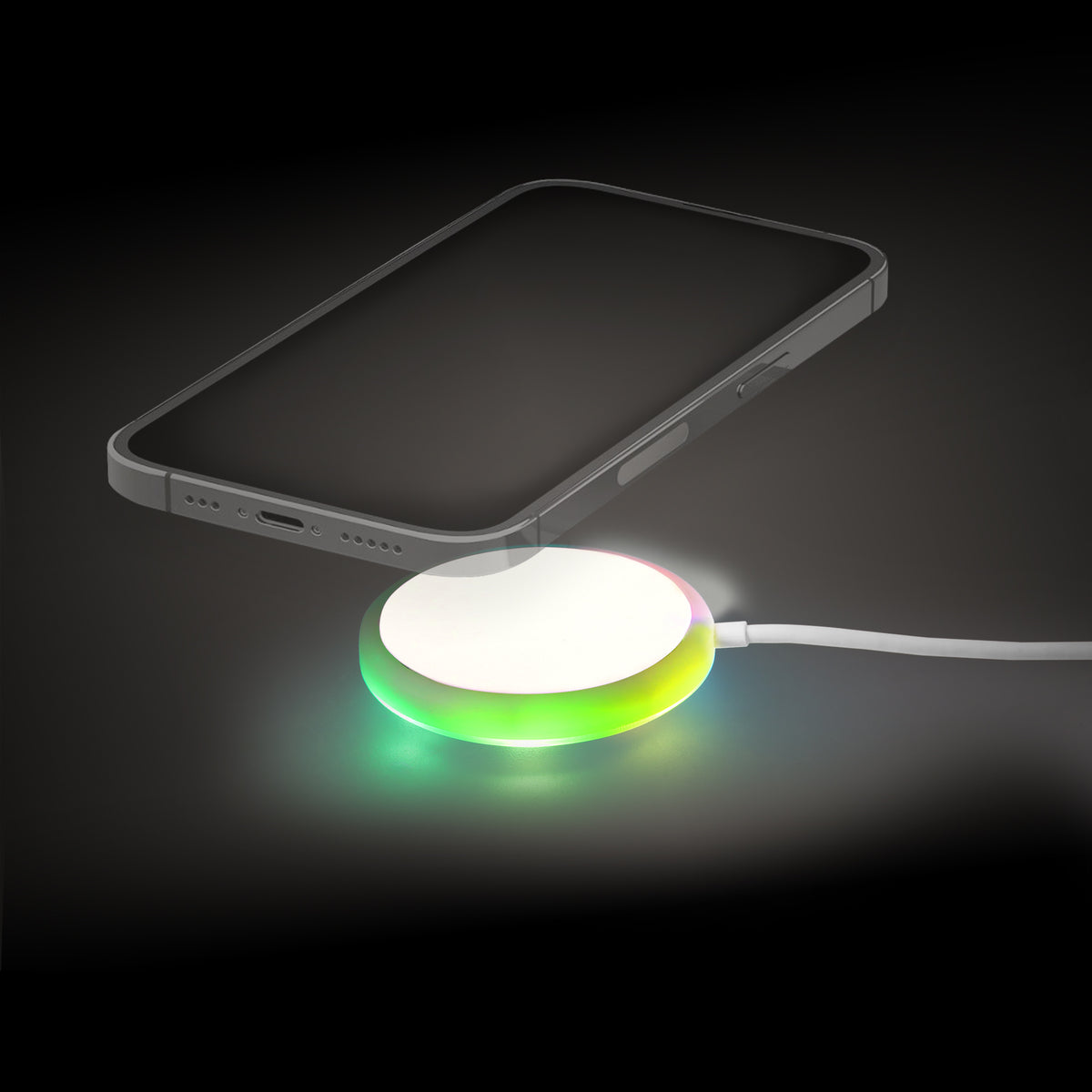 Magnetic Wireless Charging Pad, 15W Fast-Charge White USB-C Cable with Multicolor Flowing LED Light, 3.2 ft.