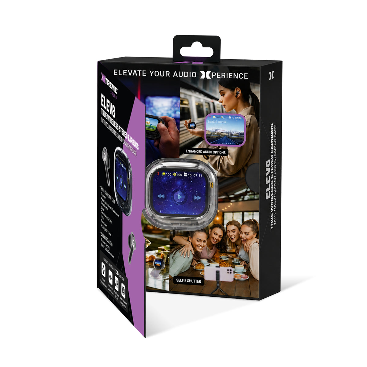 Sound Elev8 True Wireless Stereo Earbuds with Touchscreen LCD Charging Case, Enhanced Audio & Bluetooth, Clear Black