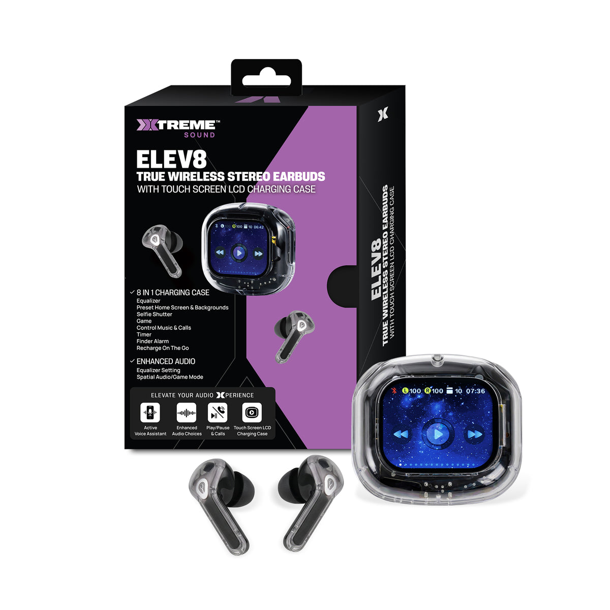 Sound Elev8 True Wireless Stereo Earbuds with Touchscreen LCD Charging Case, Enhanced Audio & Bluetooth, Clear Black