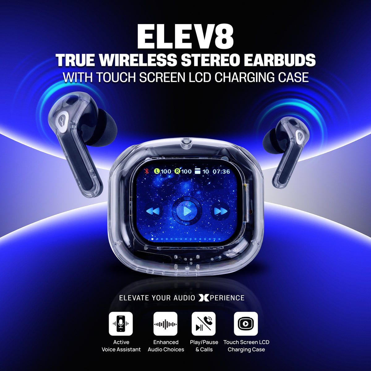 Sound Elev8 True Wireless Stereo Earbuds with Touchscreen LCD Charging Case, Enhanced Audio & Bluetooth, Clear Black