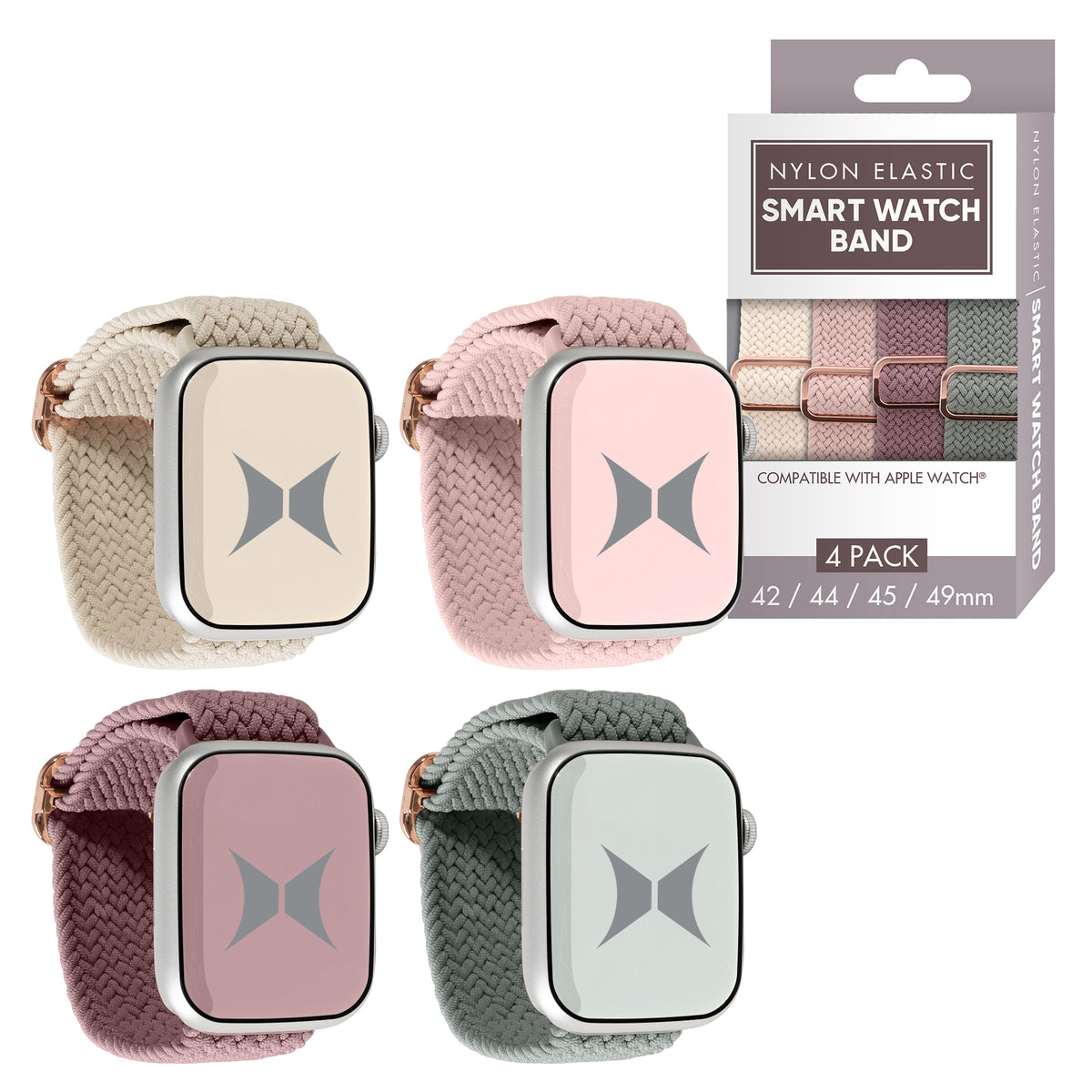 Unisex Smart Watch Nylon Braided Elastic Band 4-Pack, Large, Breathable, Adjustable, 42/44/45/49mm, Compatible with Apple Watch