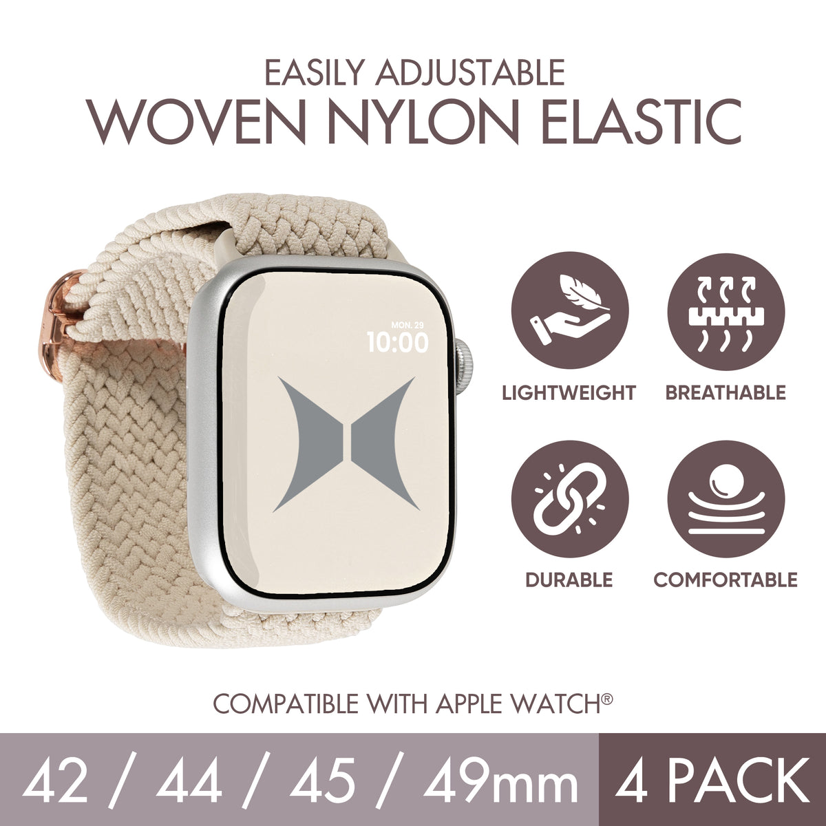 Unisex Smart Watch Nylon Braided Elastic Band 4-Pack, Large, Breathable, Adjustable, 42/44/45/49mm, Compatible with Apple Watch