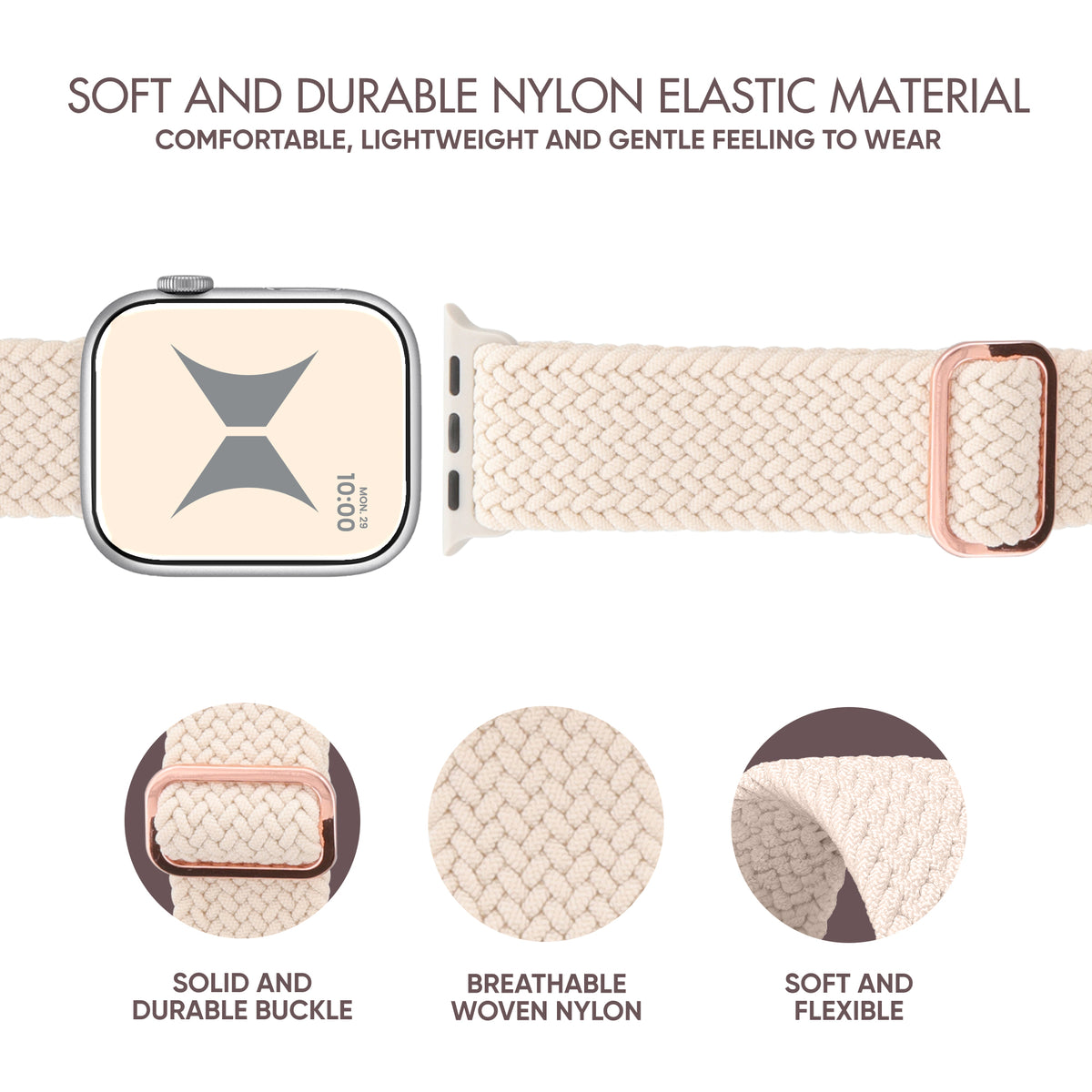 Unisex Smart Watch Nylon Braided Elastic Band 4-Pack, Large, Breathable, Adjustable, 42/44/45/49mm, Compatible with Apple Watch