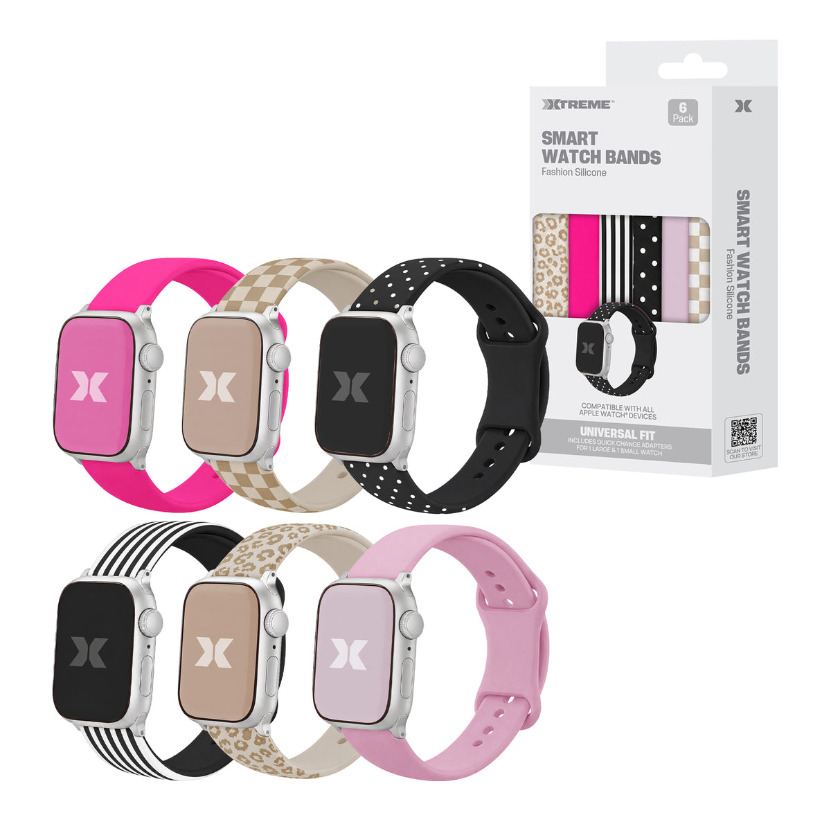 6-Pack Fashion Silicone Bands for Apple Watch Series 1-10 and Ultra 2, Waterproof Adjustable Smart Watch Bands