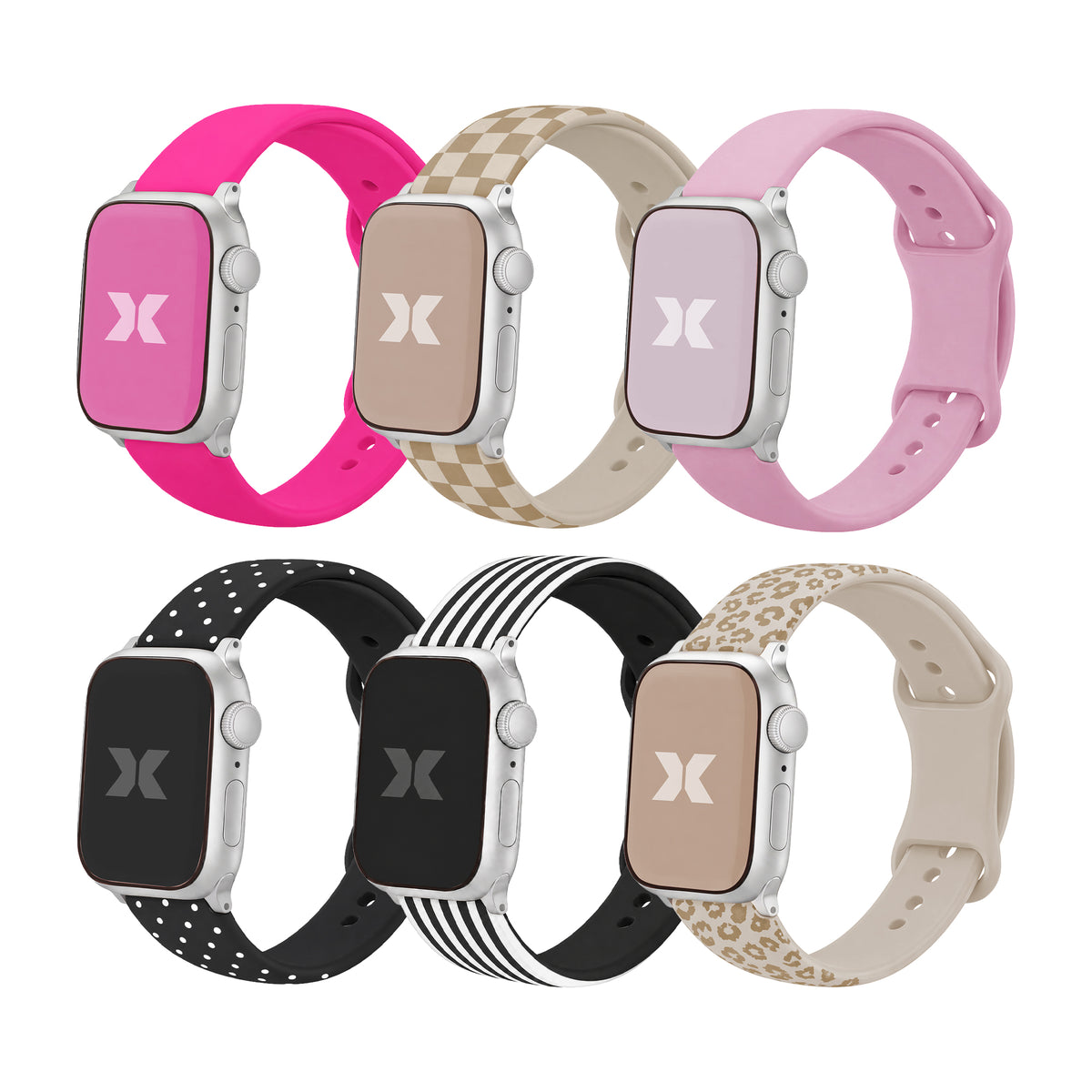 6-Pack Fashion Silicone Bands for Apple Watch Series 1-10 and Ultra 2, Waterproof Adjustable Smart Watch Bands