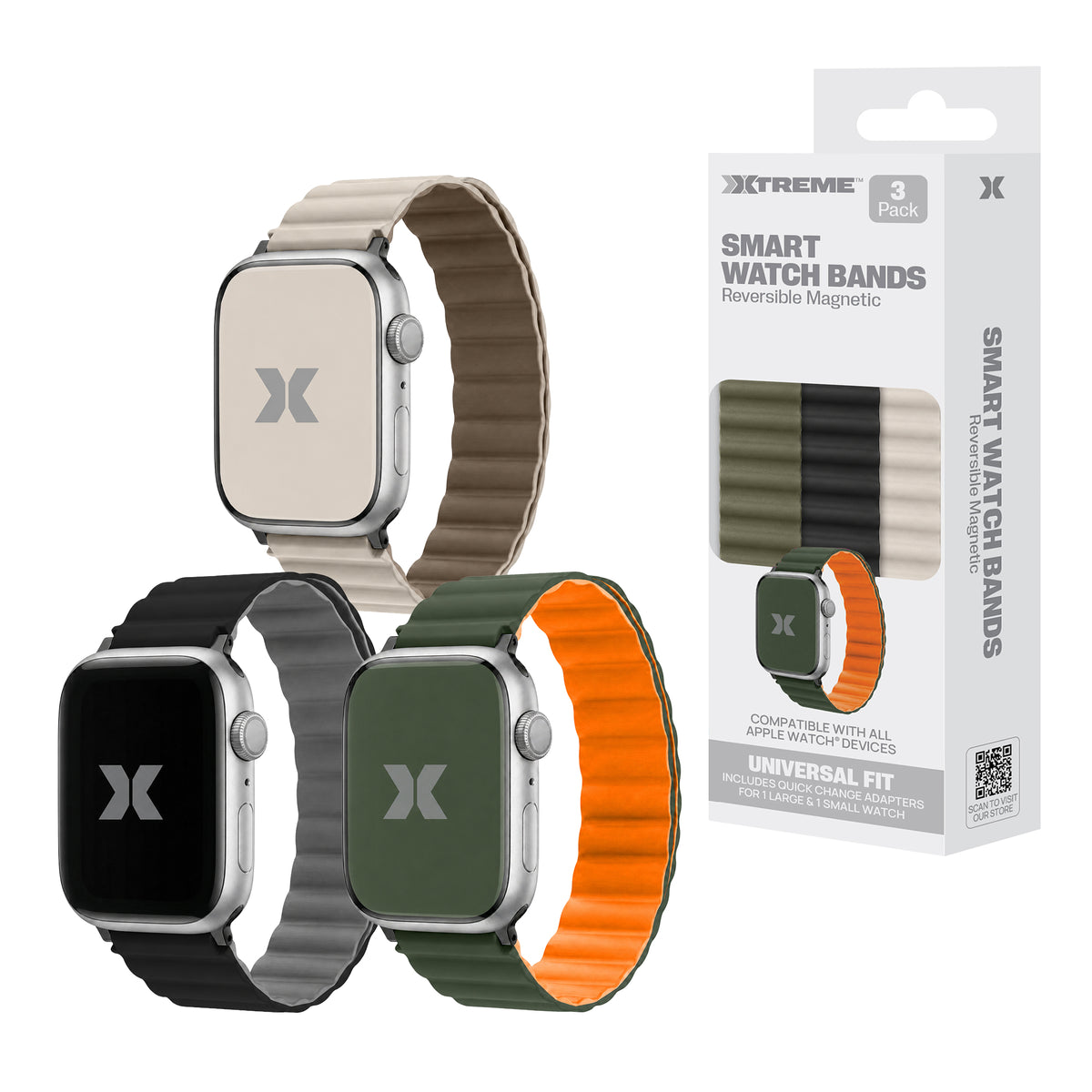 3-Pack Reversible Magnetic Bands for Apple Watch Series 1-10 and Ultra 2, Waterproof Adjustable Smart Watch Bands
