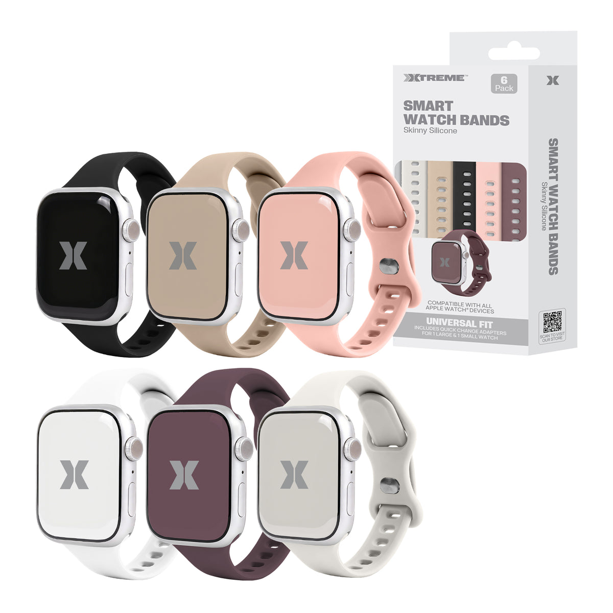 6-Pack Skinny Silicone Bands for Apple Watch Series 1-10 and Ultra 2, Slim Adjustable Smart Watch Bands