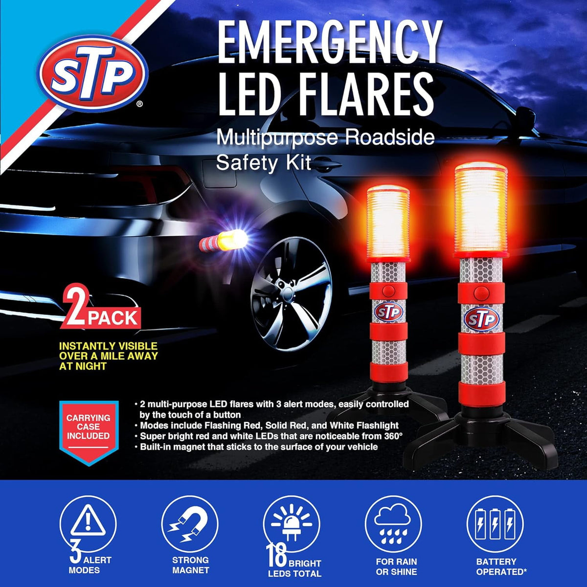 STP LED Road Flares, Multipurpose Roadside Safety Car Emergency Kit, 2-Pack